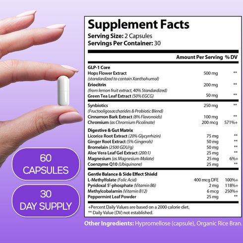 GLP1 Support Supplement Chromium, Green Tea Extract, Synbiotics, Licorice Root Supplement, 1300 mg Gentle Formula, 1 Month Supply Wellness